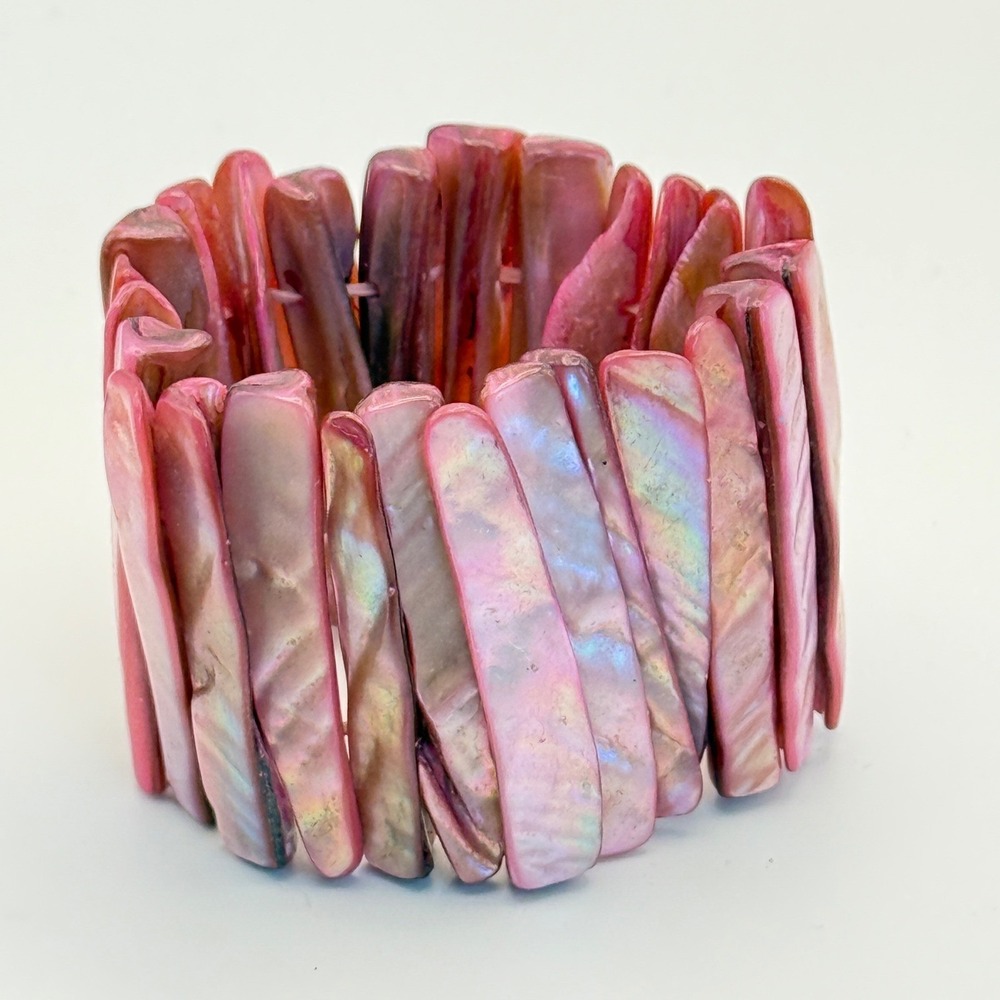 Stretch Bracelet Pink Iridescent Shell Tile Boho Jewelry 80s 90s‎ Retro